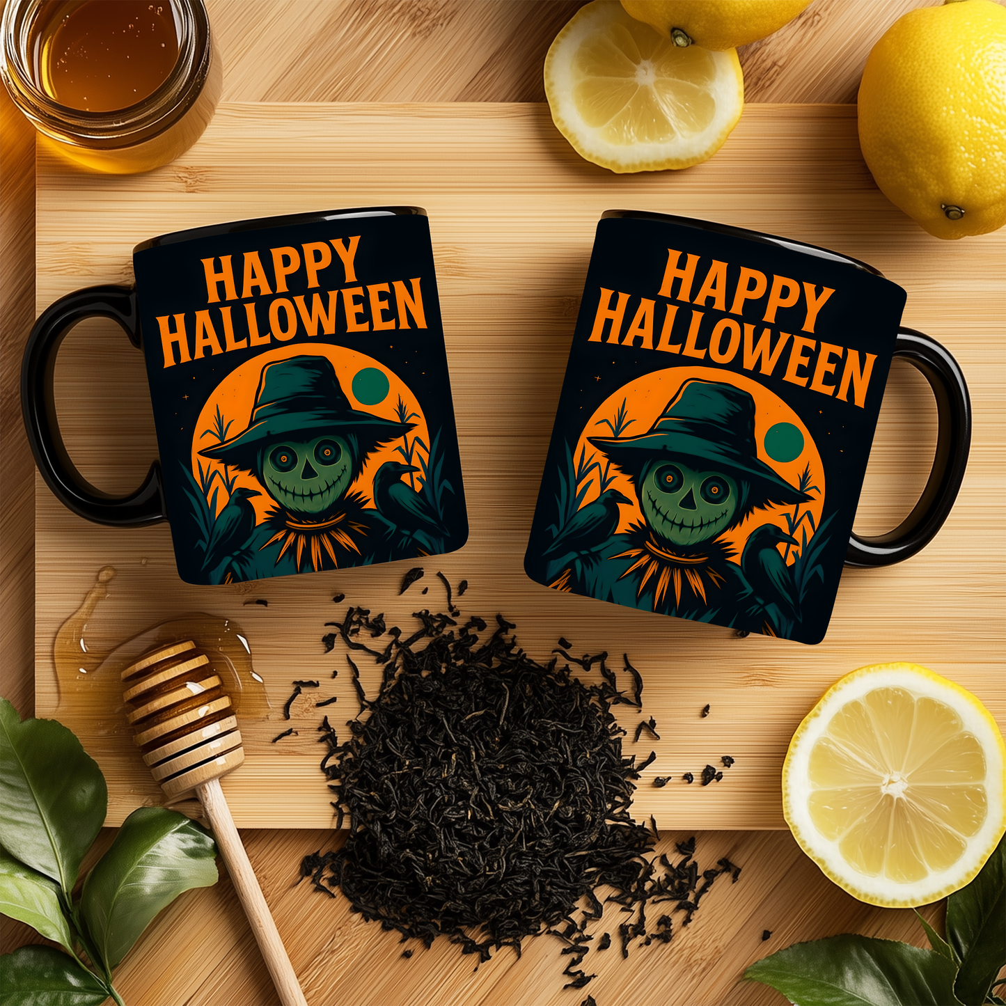 Happy Halloween Scarecrow Mug, This spooky mug is a delightful fusion of vibrant autumn hues and charmingly eerie designs, perfect for your morning brew.