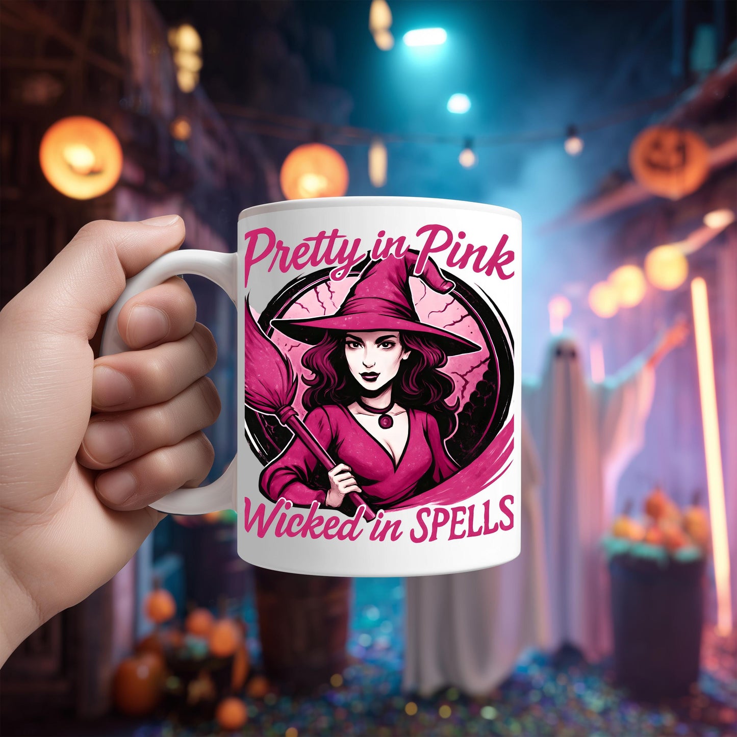 Pretty in Pink Witch Mug, Wicked Spells Coffee Mug, This pink witch mug is perfect for those who relish in the whimsical world of magic and brew.