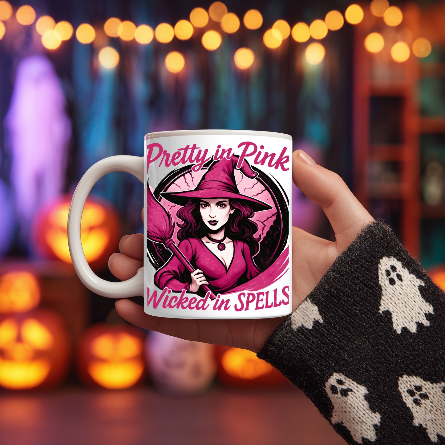 Pretty in Pink Witch Mug, Wicked Spells Coffee Mug, This pink witch mug is perfect for those who relish in the whimsical world of magic and brew.