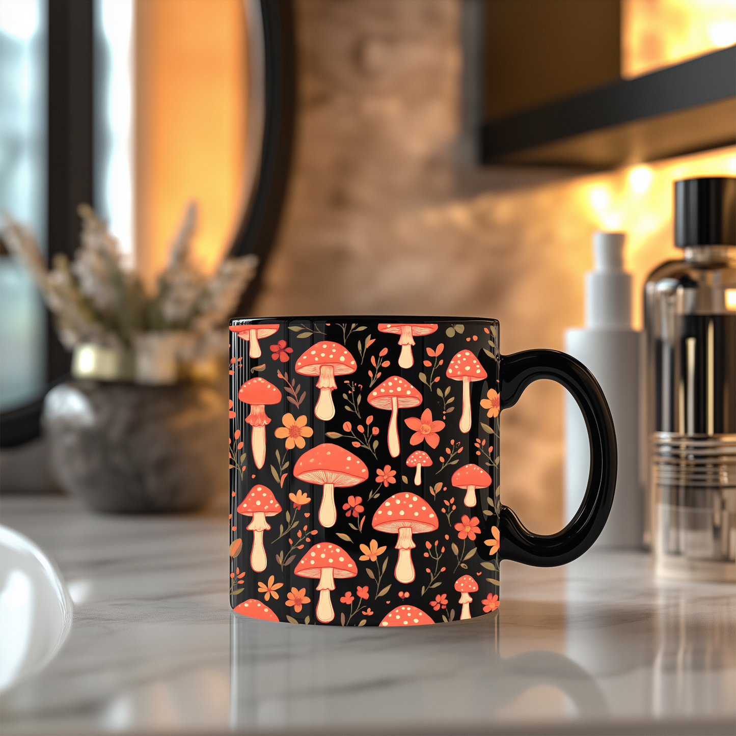 Autumnal Red Mushroom Mug, Perfect for those who adore a touch of the extraordinary in their mushrooms mug collection.