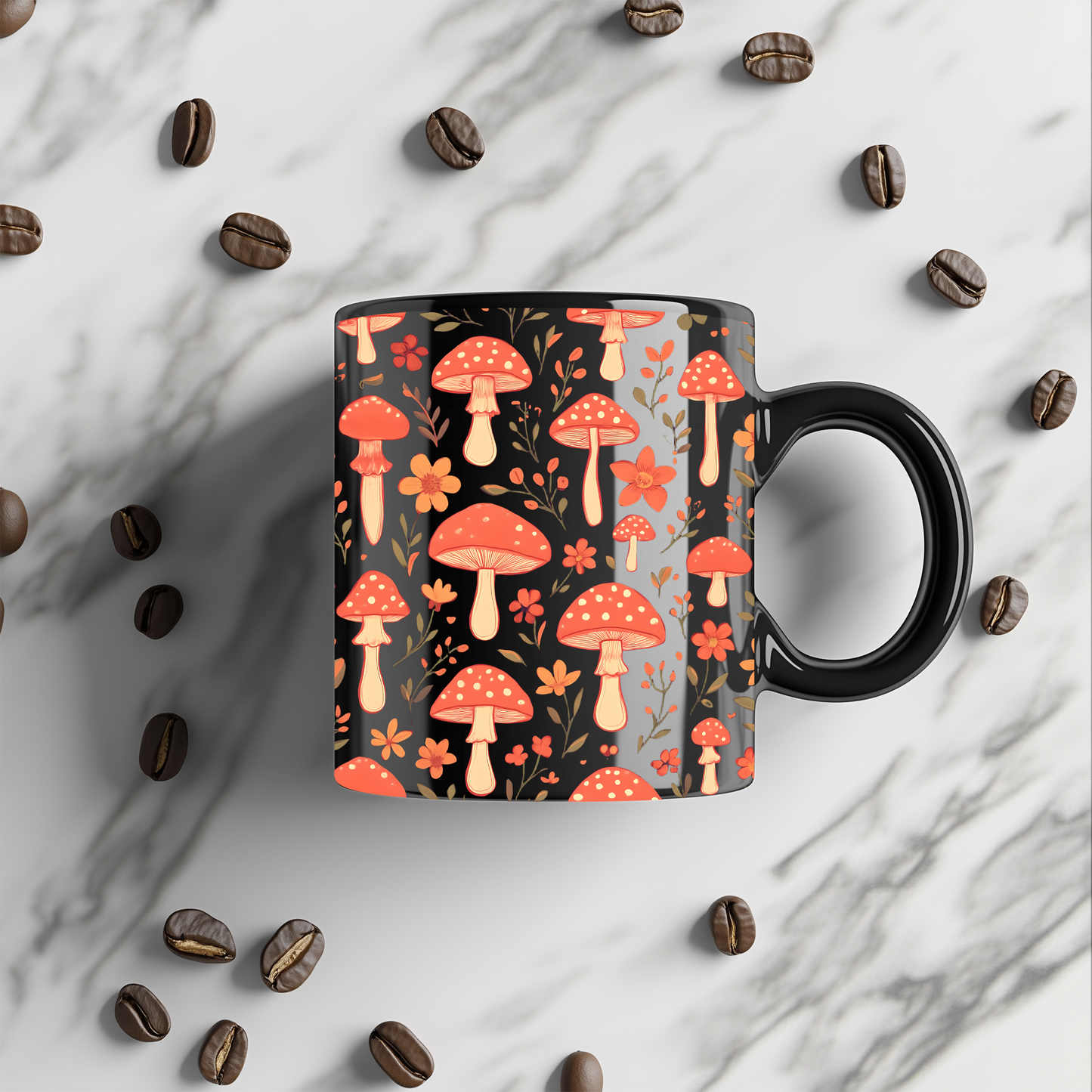 Autumnal Red Mushroom Mug, Perfect for those who adore a touch of the extraordinary in their mushrooms mug collection.