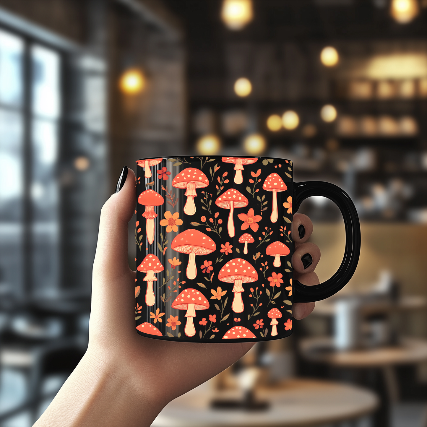 Autumnal Red Mushroom Mug, Perfect for those who adore a touch of the extraordinary in their mushrooms mug collection.