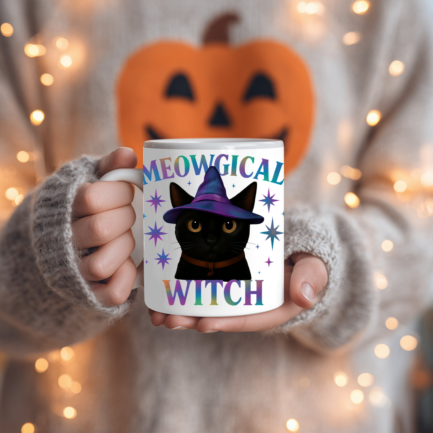 Meowgic Witch Cat Mug, This enchanting black cat mug casts a spell of delight with its whimsical design, complete with a meowgical cat adorned in witch hat.