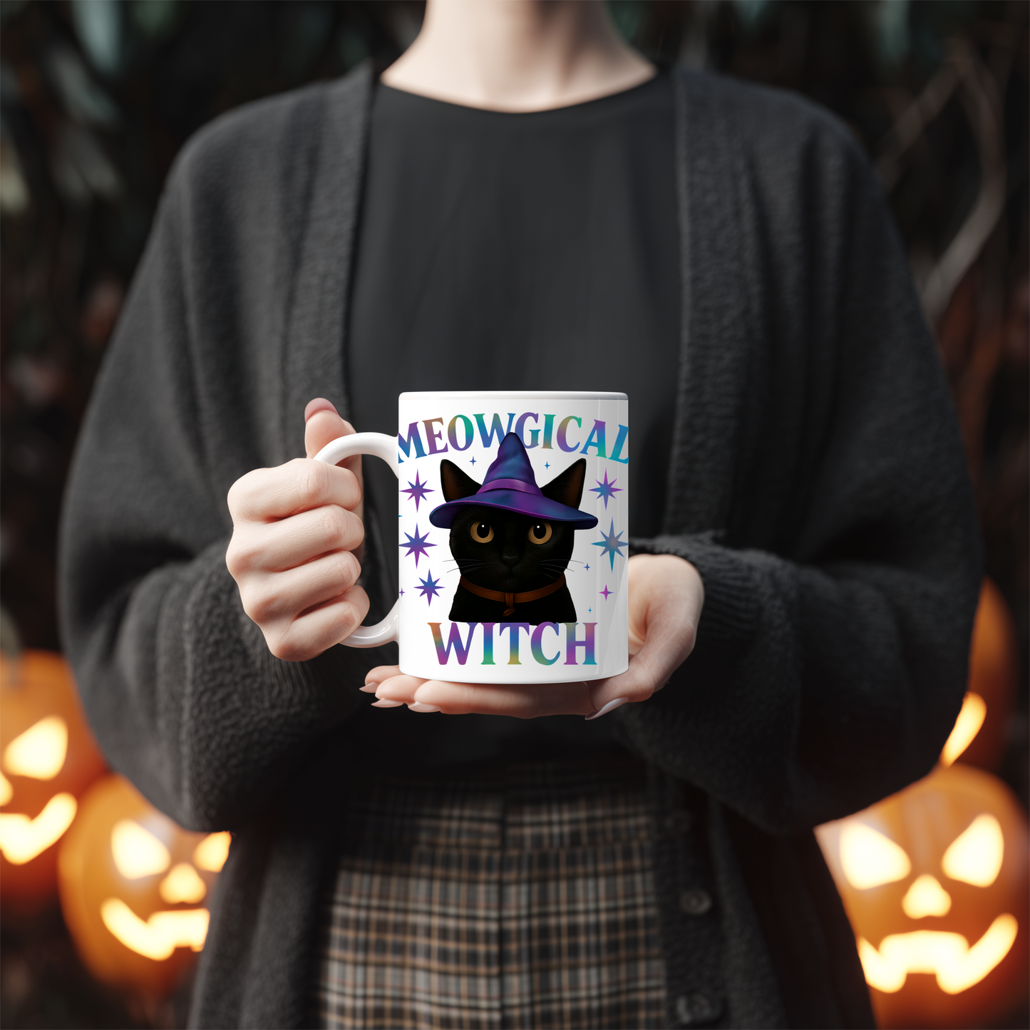 Meowgic Witch Cat Mug, This enchanting black cat mug casts a spell of delight with its whimsical design, complete with a meowgical cat adorned in witch hat.
