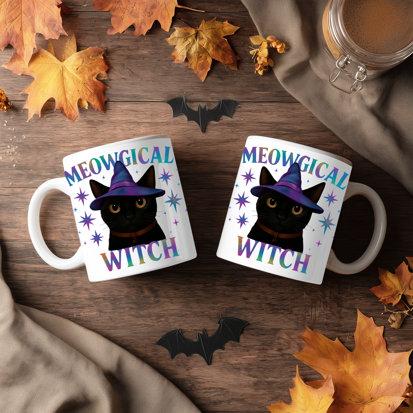 Meowgic Witch Cat Mug, This enchanting black cat mug casts a spell of delight with its whimsical design, complete with a meowgical cat adorned in witch hat.