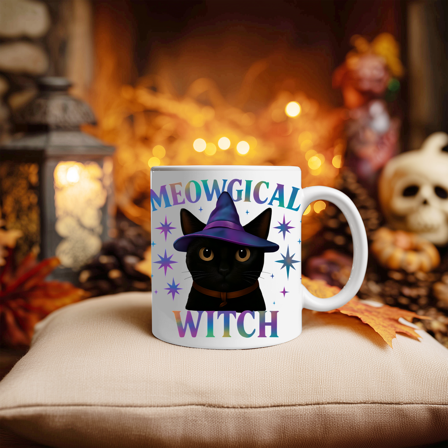 Meowgic Witch Cat Mug, This enchanting black cat mug casts a spell of delight with its whimsical design, complete with a meowgical cat adorned in witch hat.