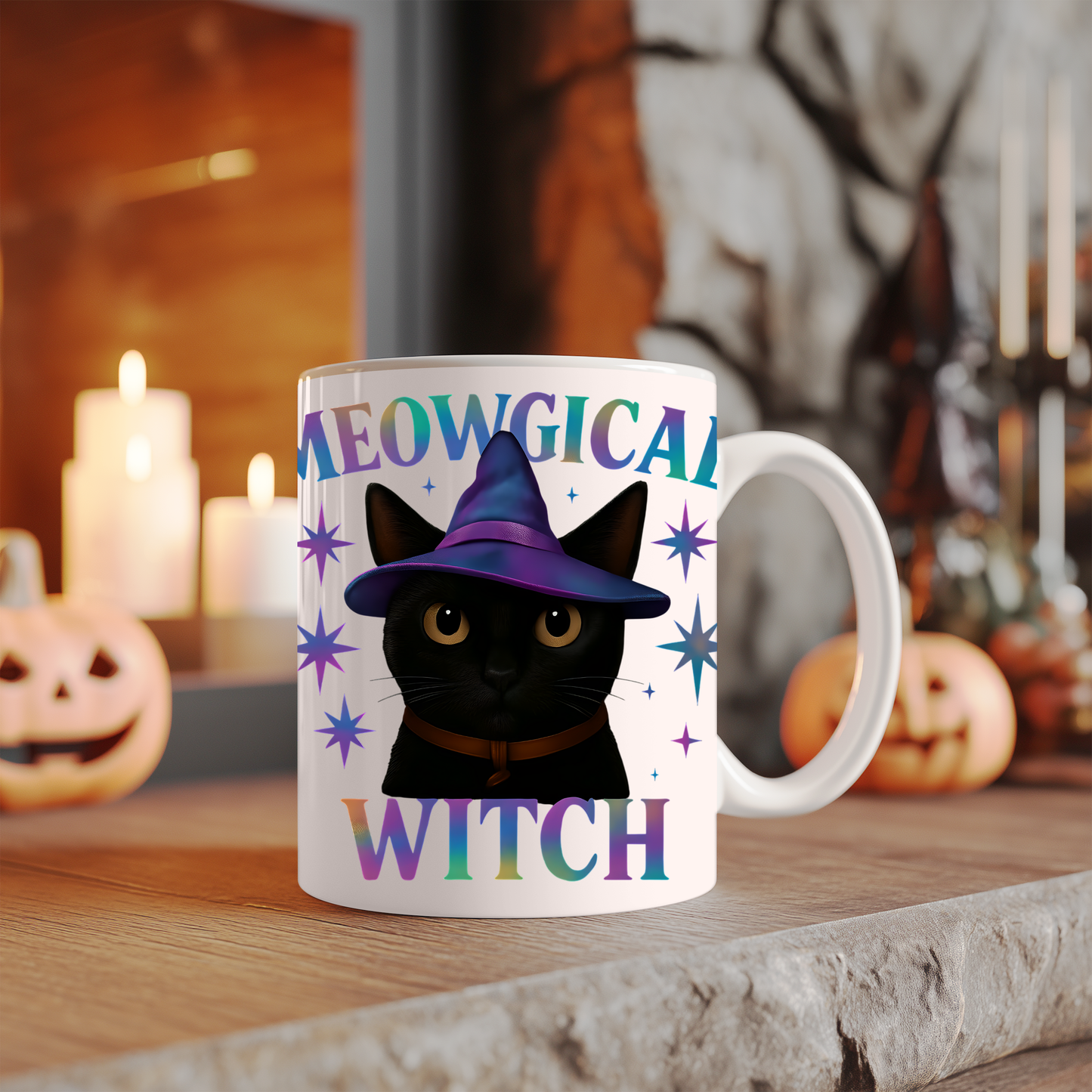 Meowgic Witch Cat Mug, This enchanting black cat mug casts a spell of delight with its whimsical design, complete with a meowgical cat adorned in witch hat.