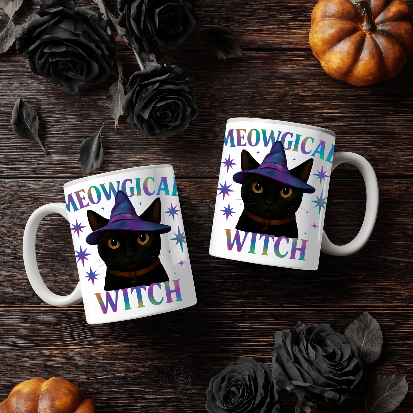 Meowgic Witch Cat Mug, This enchanting black cat mug casts a spell of delight with its whimsical design, complete with a meowgical cat adorned in witch hat.