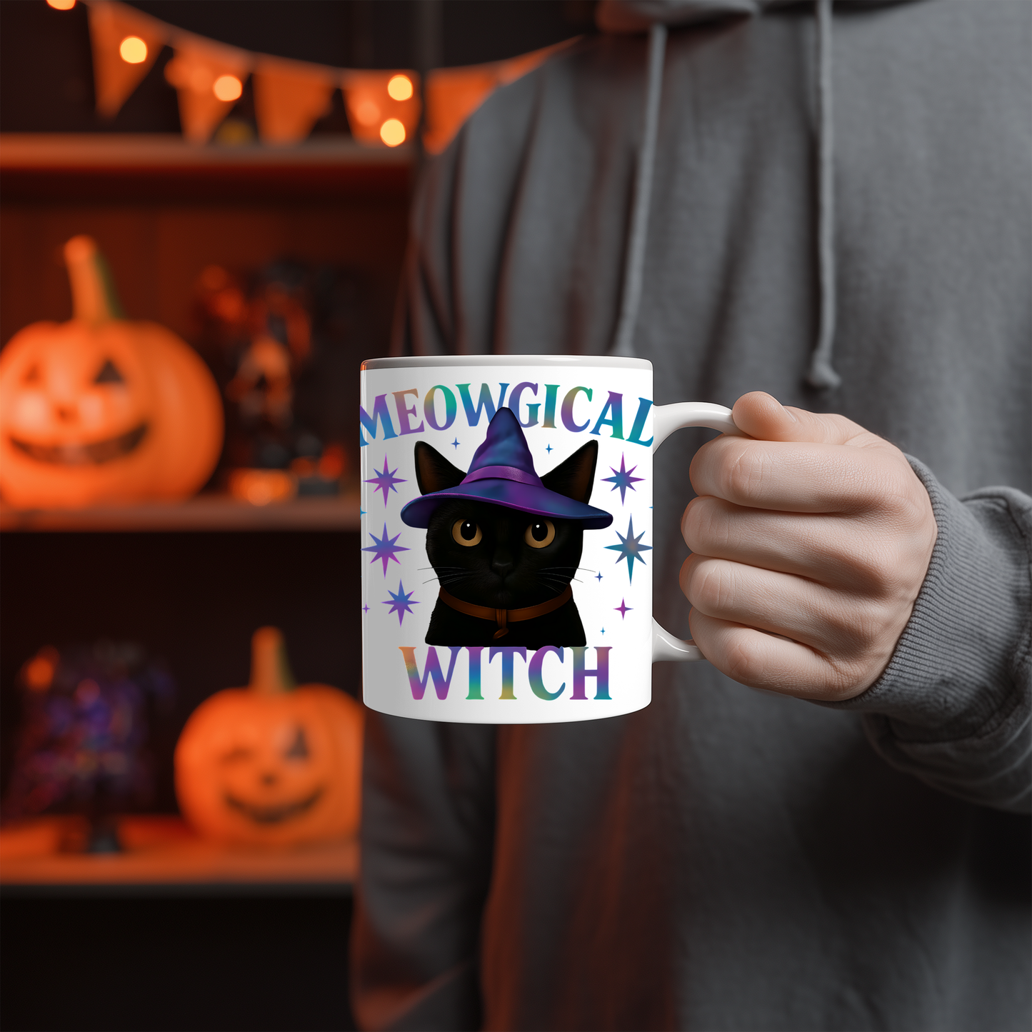 Meowgic Witch Cat Mug, This enchanting black cat mug casts a spell of delight with its whimsical design, complete with a meowgical cat adorned in witch hat.