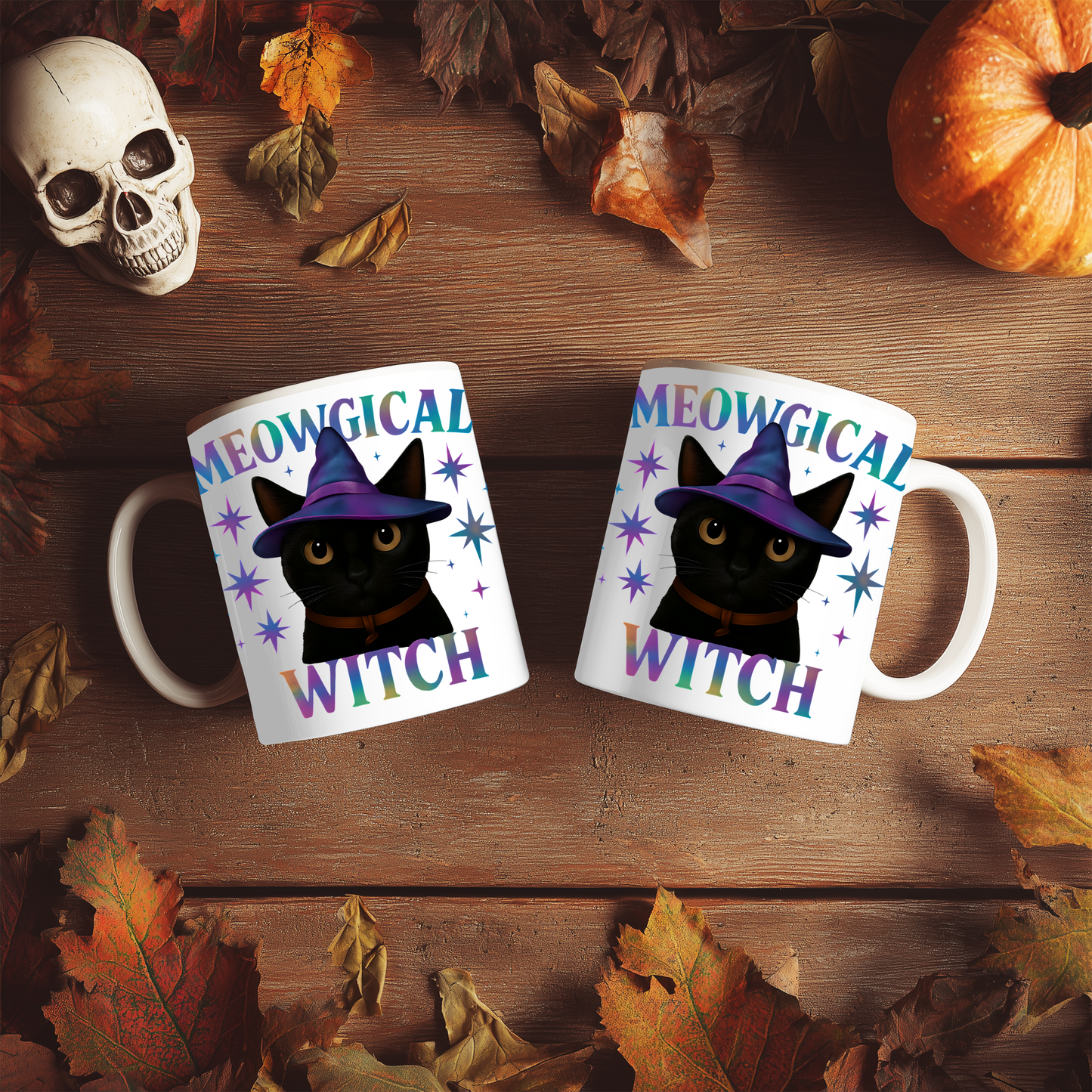 Meowgic Witch Cat Mug, This enchanting black cat mug casts a spell of delight with its whimsical design, complete with a meowgical cat adorned in witch hat.