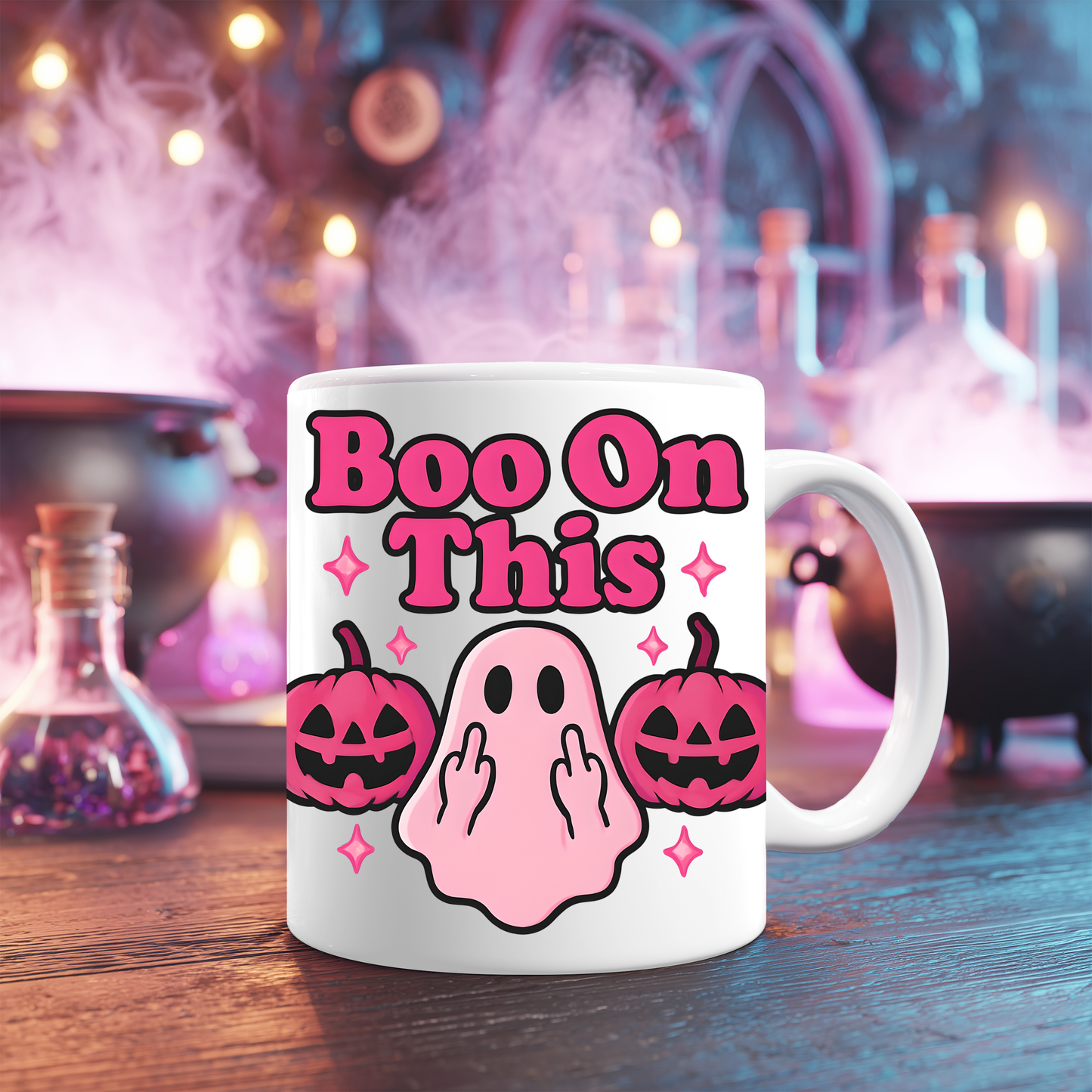Boo On This Pink Ghosty Halloween Mug, whimsical blend where charm meets spooktacular fun.