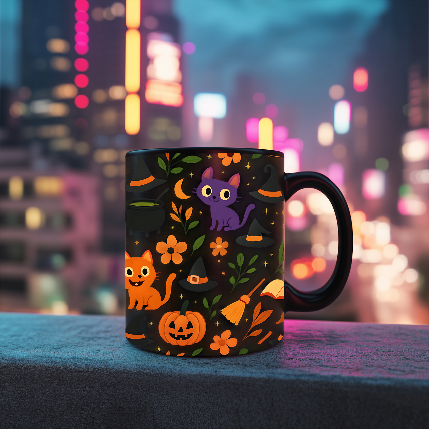 Colourful cat Halloween mug,featuring a cheeky cat with all things Halloween, making it the perfect spooky mug for both hot chocolates and enchanting brews.
