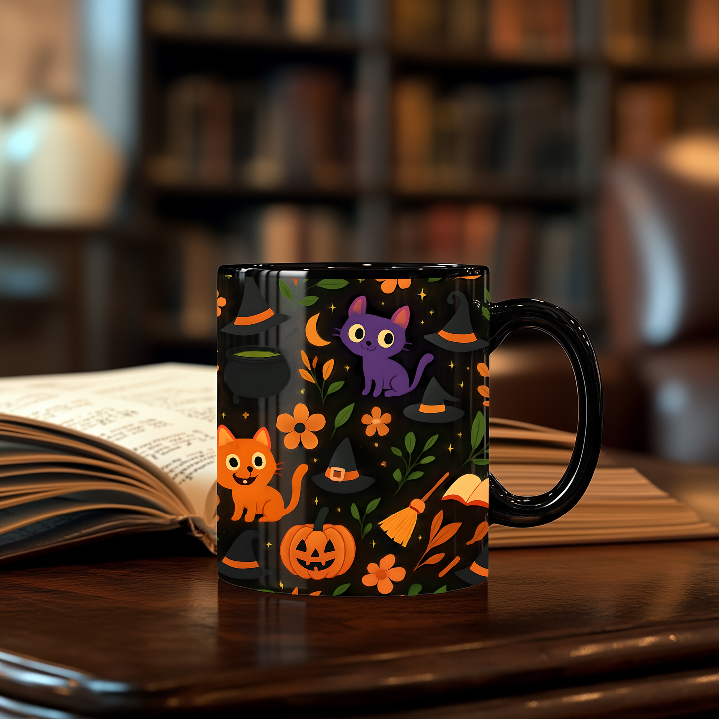 Colourful cat Halloween mug,featuring a cheeky cat with all things Halloween, making it the perfect spooky mug for both hot chocolates and enchanting brews.