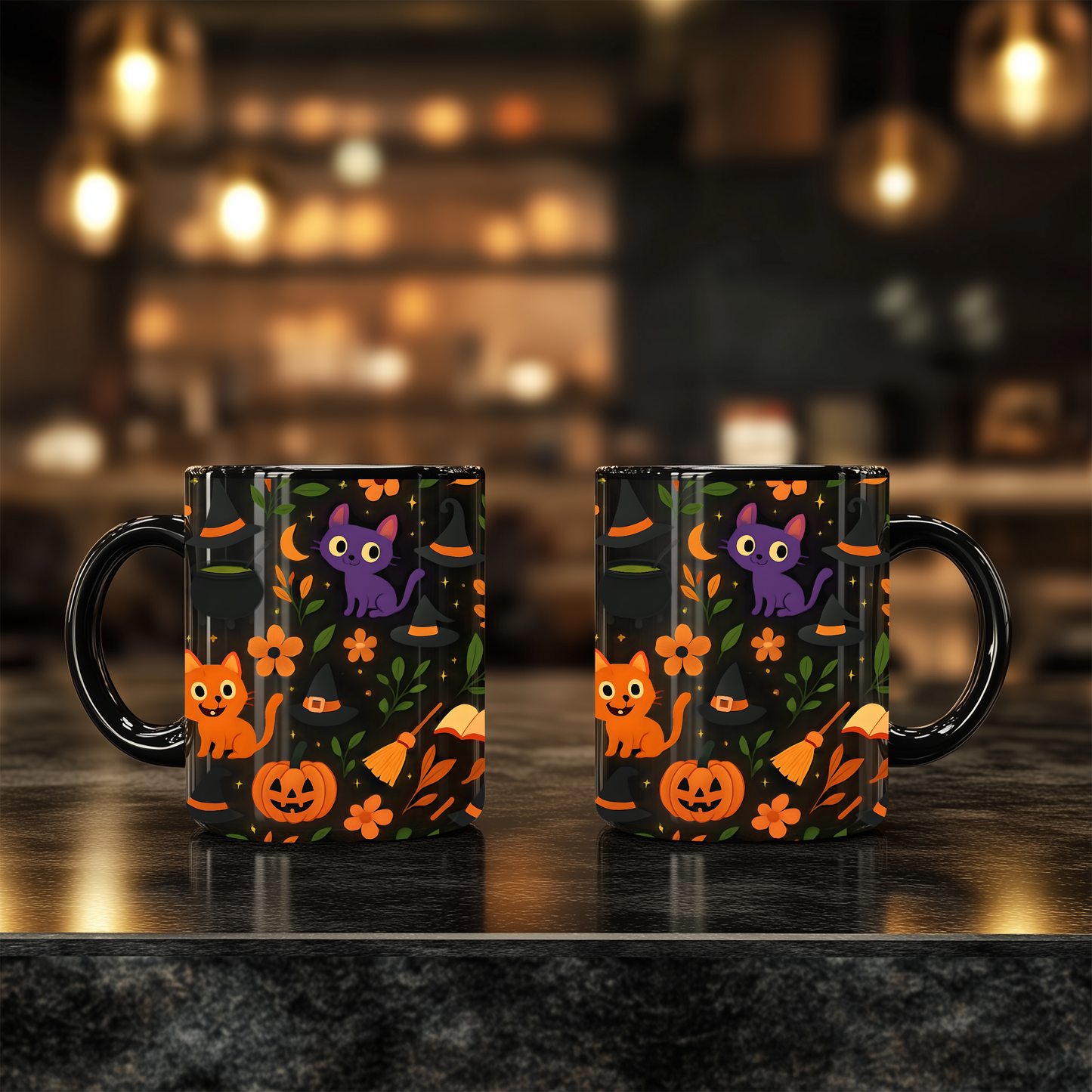 Colourful cat Halloween mug,featuring a cheeky cat with all things Halloween, making it the perfect spooky mug for both hot chocolates and enchanting brews.