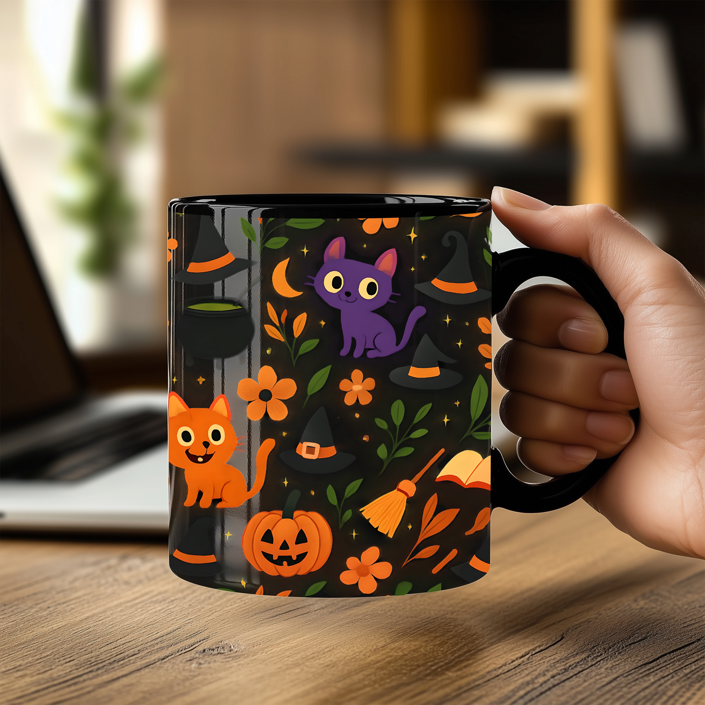 Colourful cat Halloween mug,featuring a cheeky cat with all things Halloween, making it the perfect spooky mug for both hot chocolates and enchanting brews.