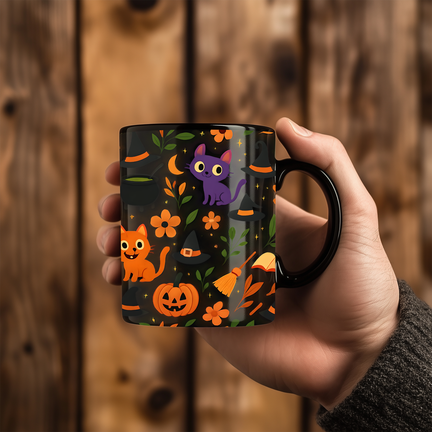 Colourful cat Halloween mug,featuring a cheeky cat with all things Halloween, making it the perfect spooky mug for both hot chocolates and enchanting brews.