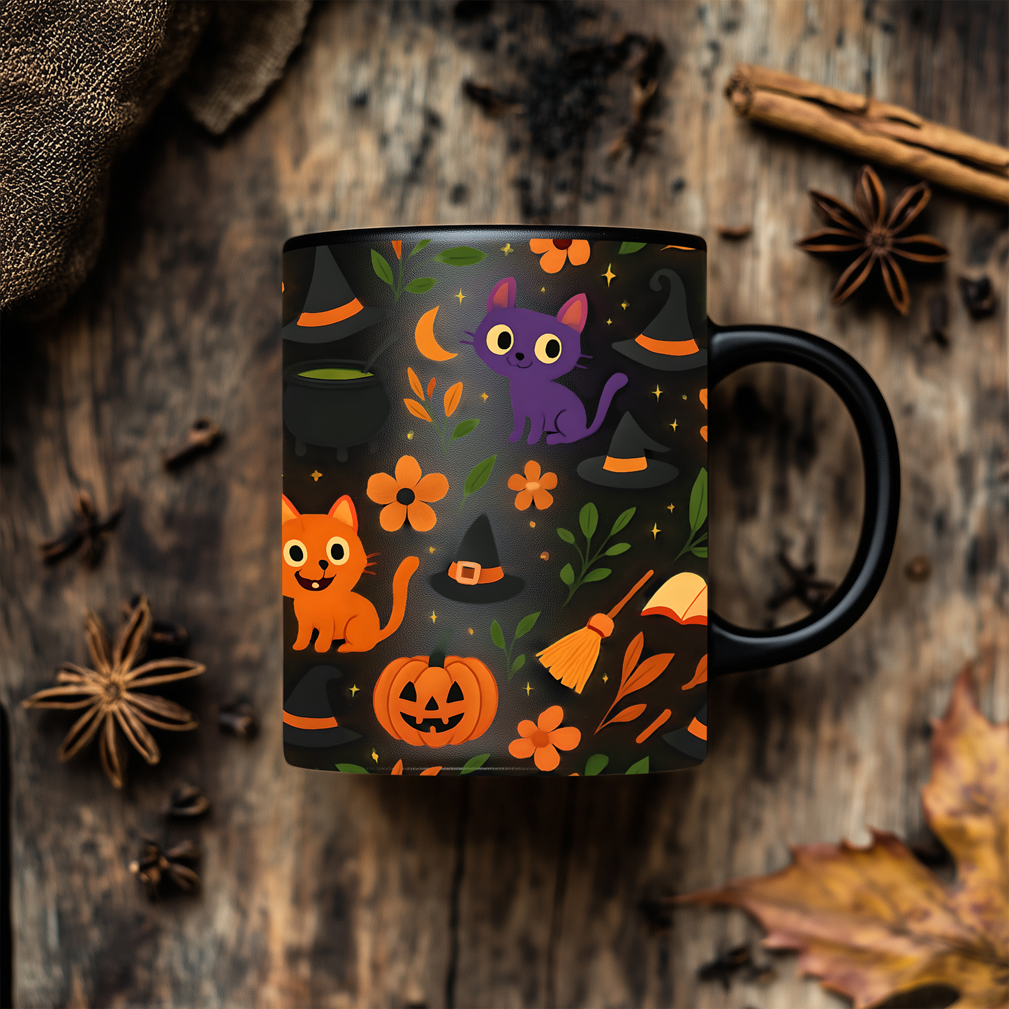 Colourful cat Halloween mug,featuring a cheeky cat with all things Halloween, making it the perfect spooky mug for both hot chocolates and enchanting brews.