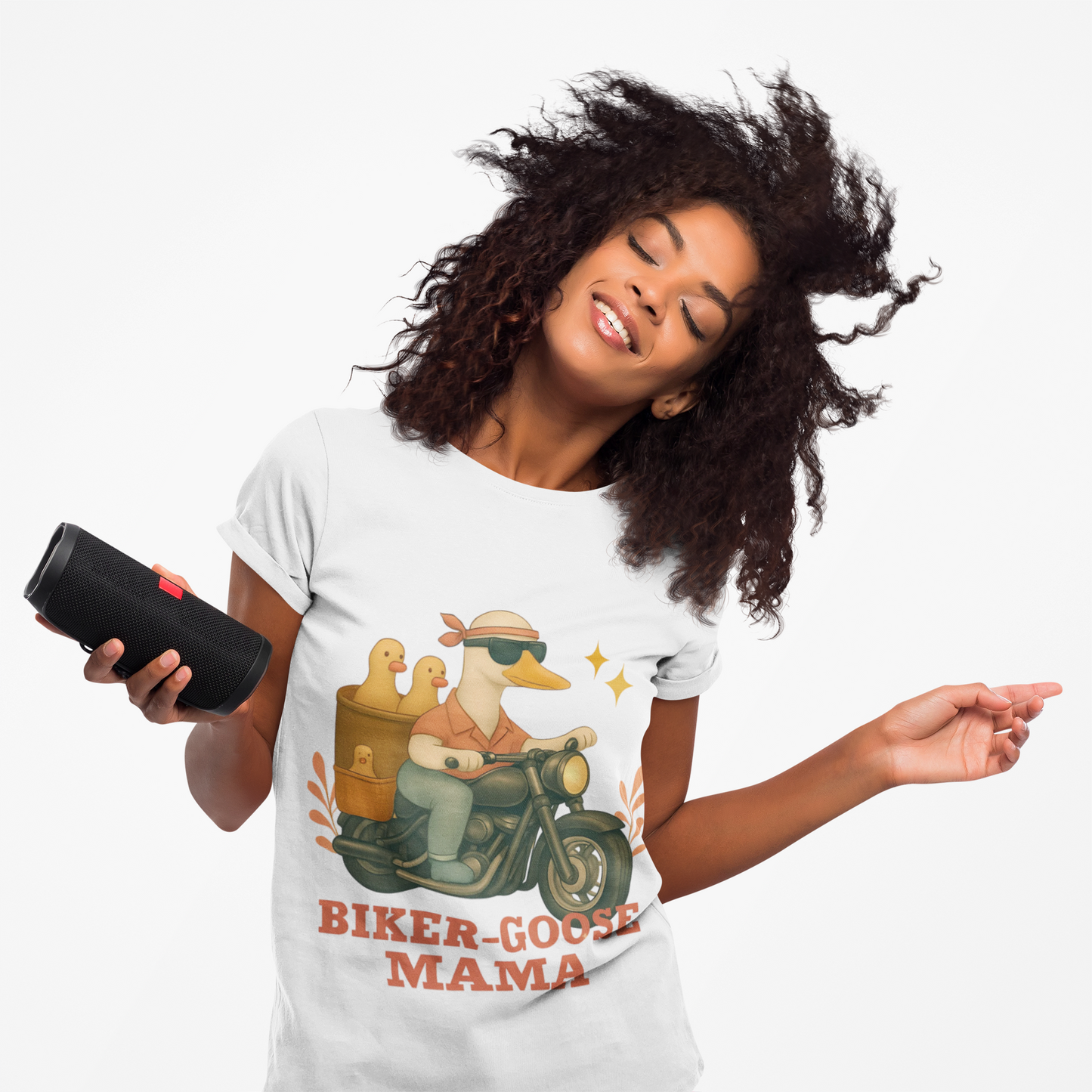 Silly Goose Biker Tee, a fun and quirky tee for those who love motorcycles and geese, silly goose fan club.