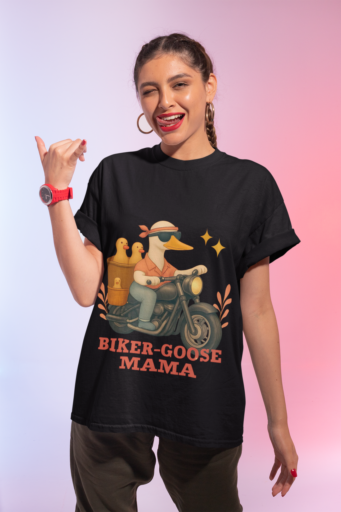 Silly Goose Biker Tee, a fun and quirky tee for those who love motorcycles and geese, silly goose fan club.