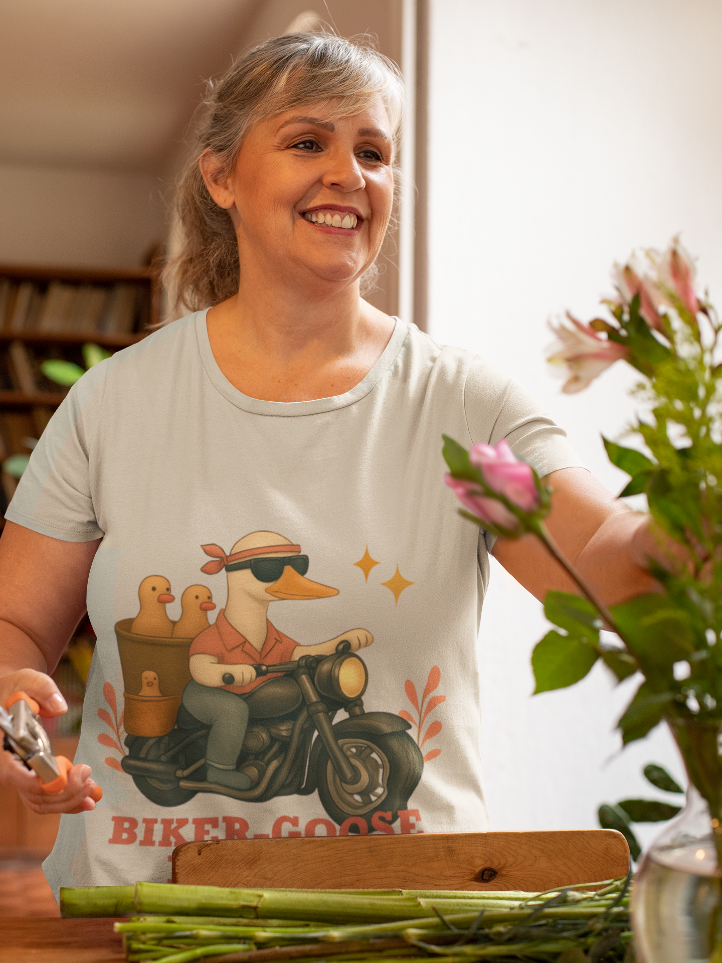 Silly Goose Biker Tee, a fun and quirky tee for those who love motorcycles and geese, silly goose fan club.