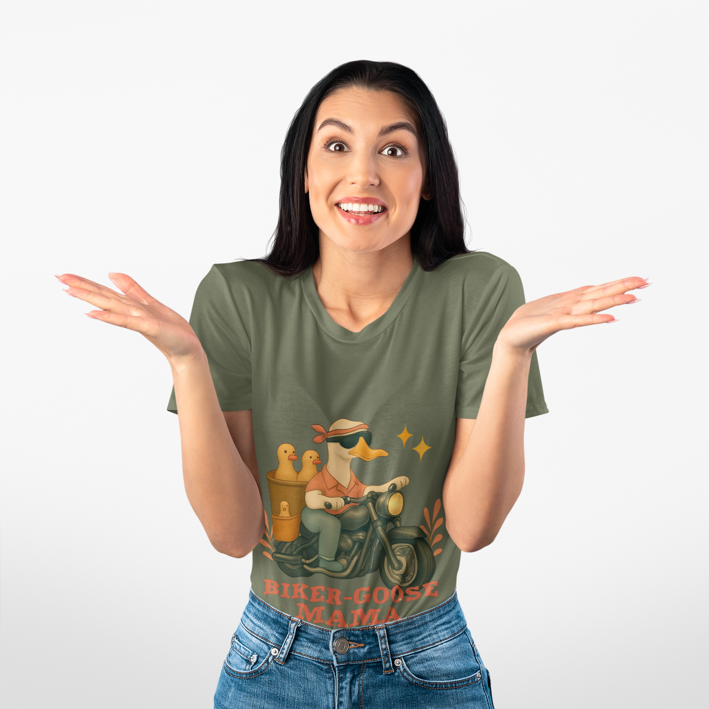 Silly Goose Biker Tee, a fun and quirky tee for those who love motorcycles and geese, silly goose fan club.