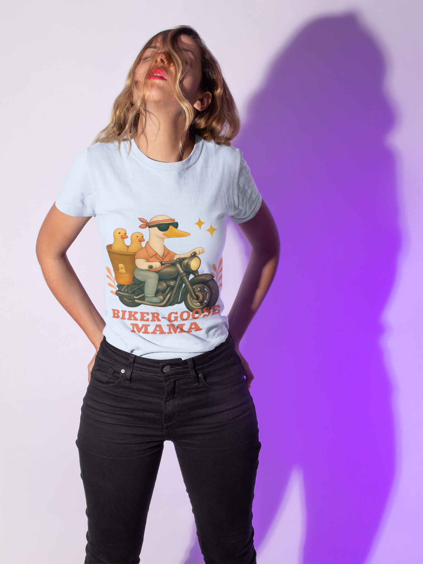 Silly Goose Biker Tee, a fun and quirky tee for those who love motorcycles and geese, silly goose fan club.