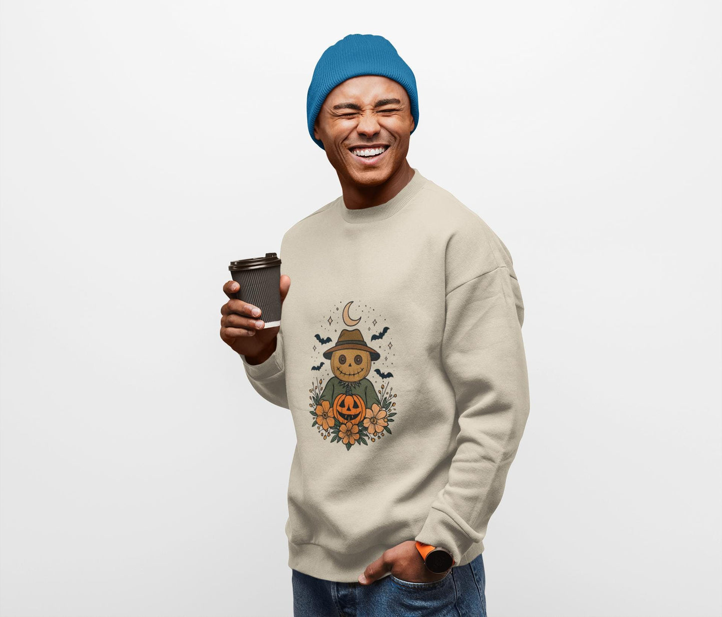 Cozy Halloween Sweatshirt with Scarecrow Design, The playful design featuring a whimsical scarecrow and autumnal elements creates a cheerful vibe, perfect for adding a festive touch to your wardrobe.