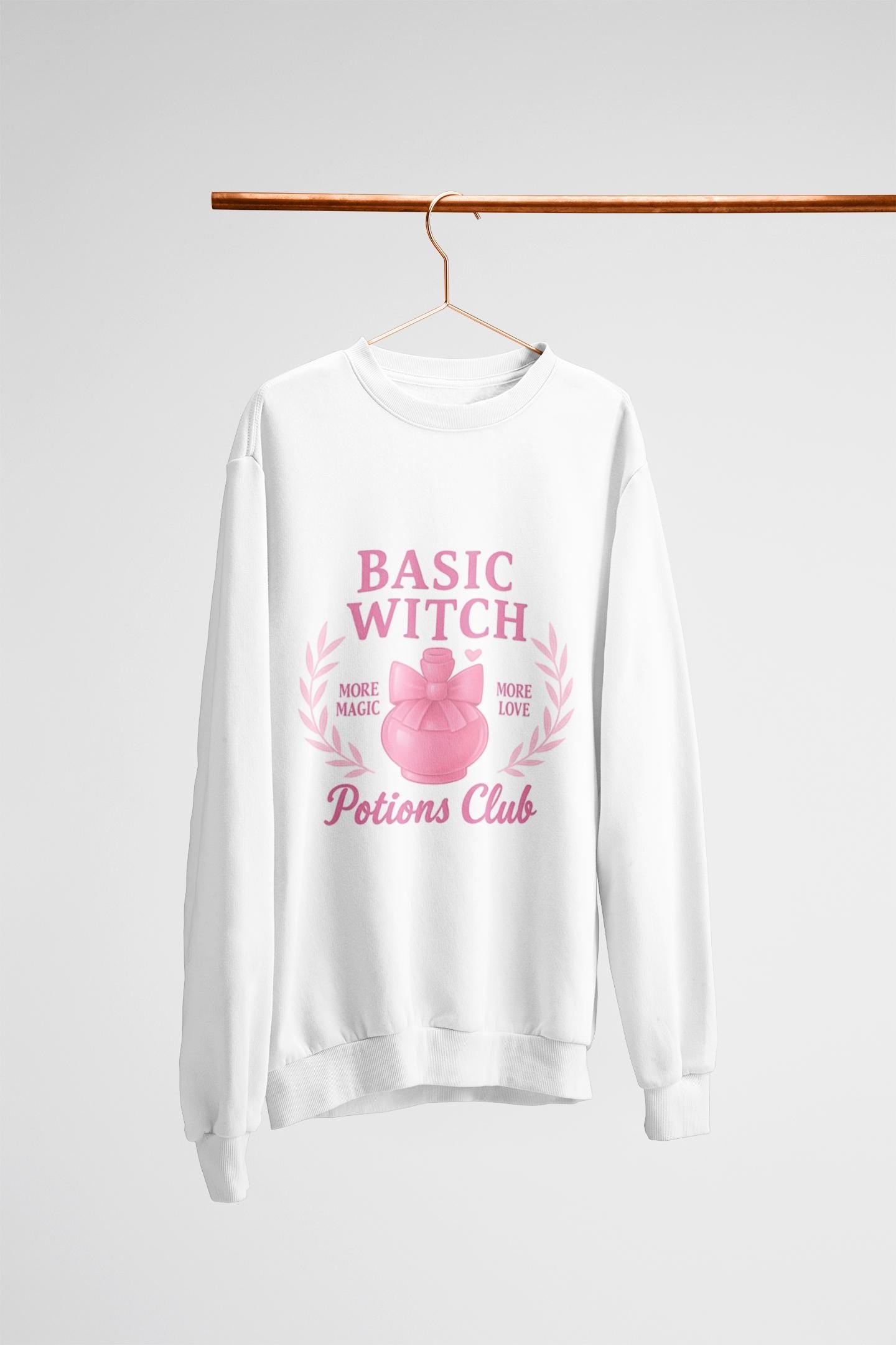 Basic Witch Potions Club Sweatshirt, This witchy sweatshirt exudes autumnal charm with its soft fabric that’s perfect for sweater weather, and features a whimsical potion bottle design reminiscent of a witches brew.
