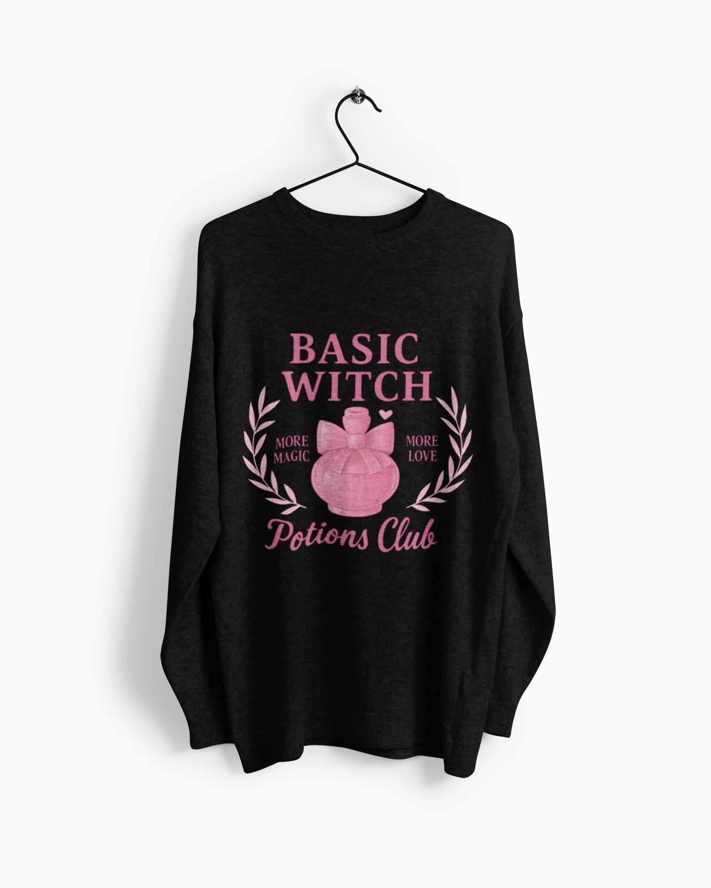 Basic Witch Potions Club Sweatshirt, This witchy sweatshirt exudes autumnal charm with its soft fabric that’s perfect for sweater weather, and features a whimsical potion bottle design reminiscent of a witches brew.