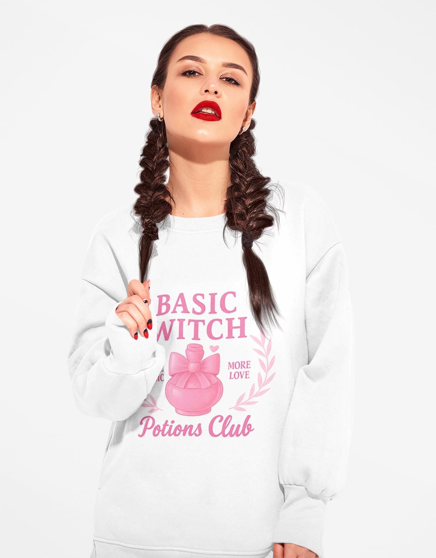 Basic Witch Potions Club Sweatshirt, This witchy sweatshirt exudes autumnal charm with its soft fabric that’s perfect for sweater weather, and features a whimsical potion bottle design reminiscent of a witches brew.