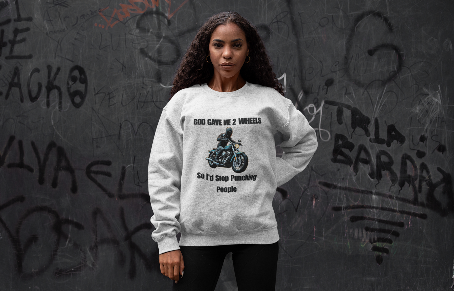 God Gave Me 2 Wheels Sweatshirt, The light-hearted motorcycling-themed graphic adds a fun twist, making it the perfect companion for casual outings or bike rides.