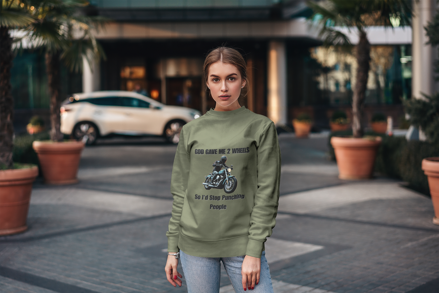 God Gave Me 2 Wheels Sweatshirt, The light-hearted motorcycling-themed graphic adds a fun twist, making it the perfect companion for casual outings or bike rides.