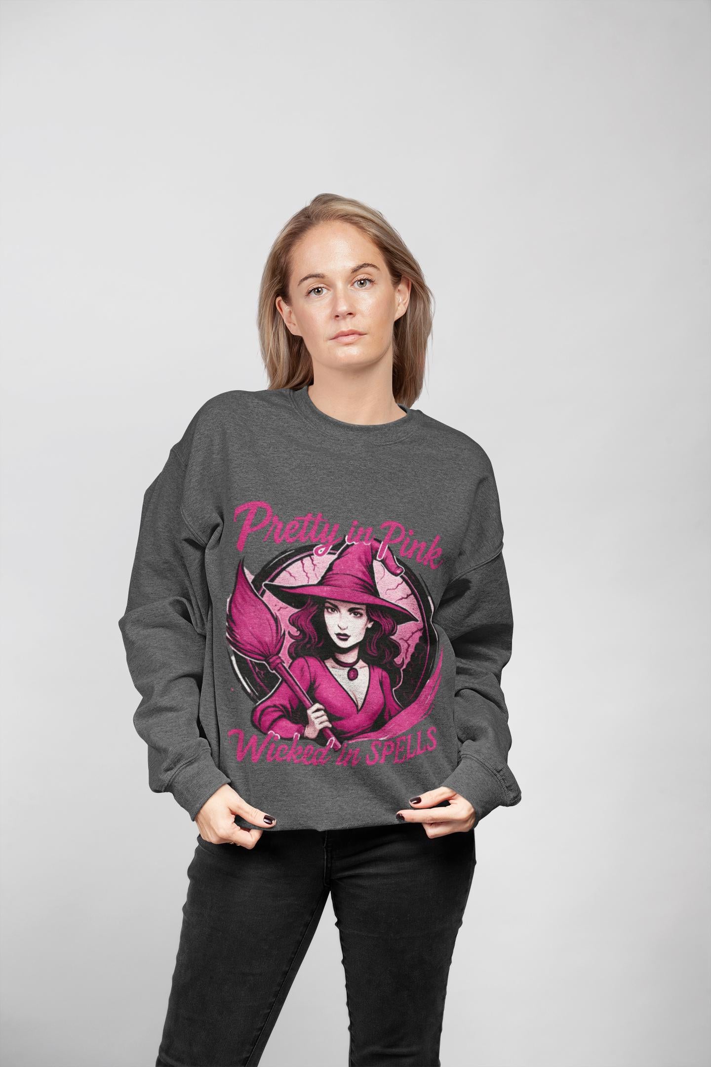 Pretty in Pink Witchy Sweatshirt, a unique twist to your girly Halloween ensemble, with a sprinkle of glitter witch vibrance.