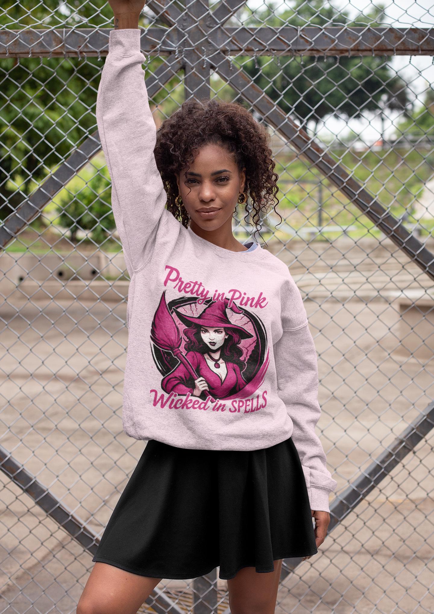Pretty in Pink Witchy Sweatshirt, a unique twist to your girly Halloween ensemble, with a sprinkle of glitter witch vibrance.