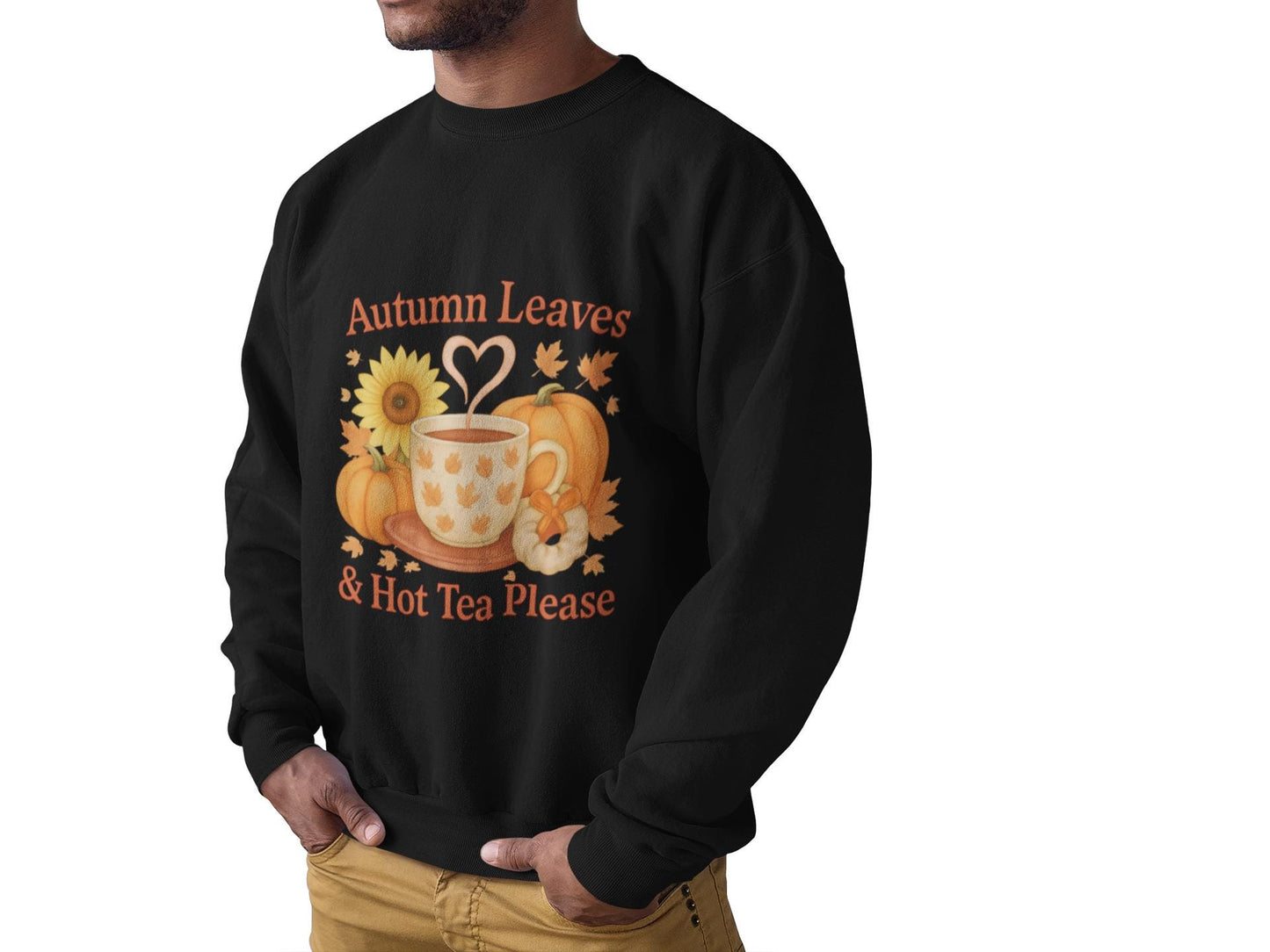Autumnal Leaves and a Cup of Tea Sweatshirt, Imagine sipping on a warm cuppa, perhaps a delightful Yorkshire tea in a comfortable sweater.