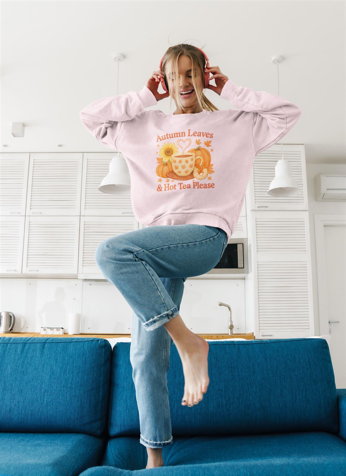 Autumnal Leaves and a Cup of Tea Sweatshirt, Imagine sipping on a warm cuppa, perhaps a delightful Yorkshire tea in a comfortable sweater.