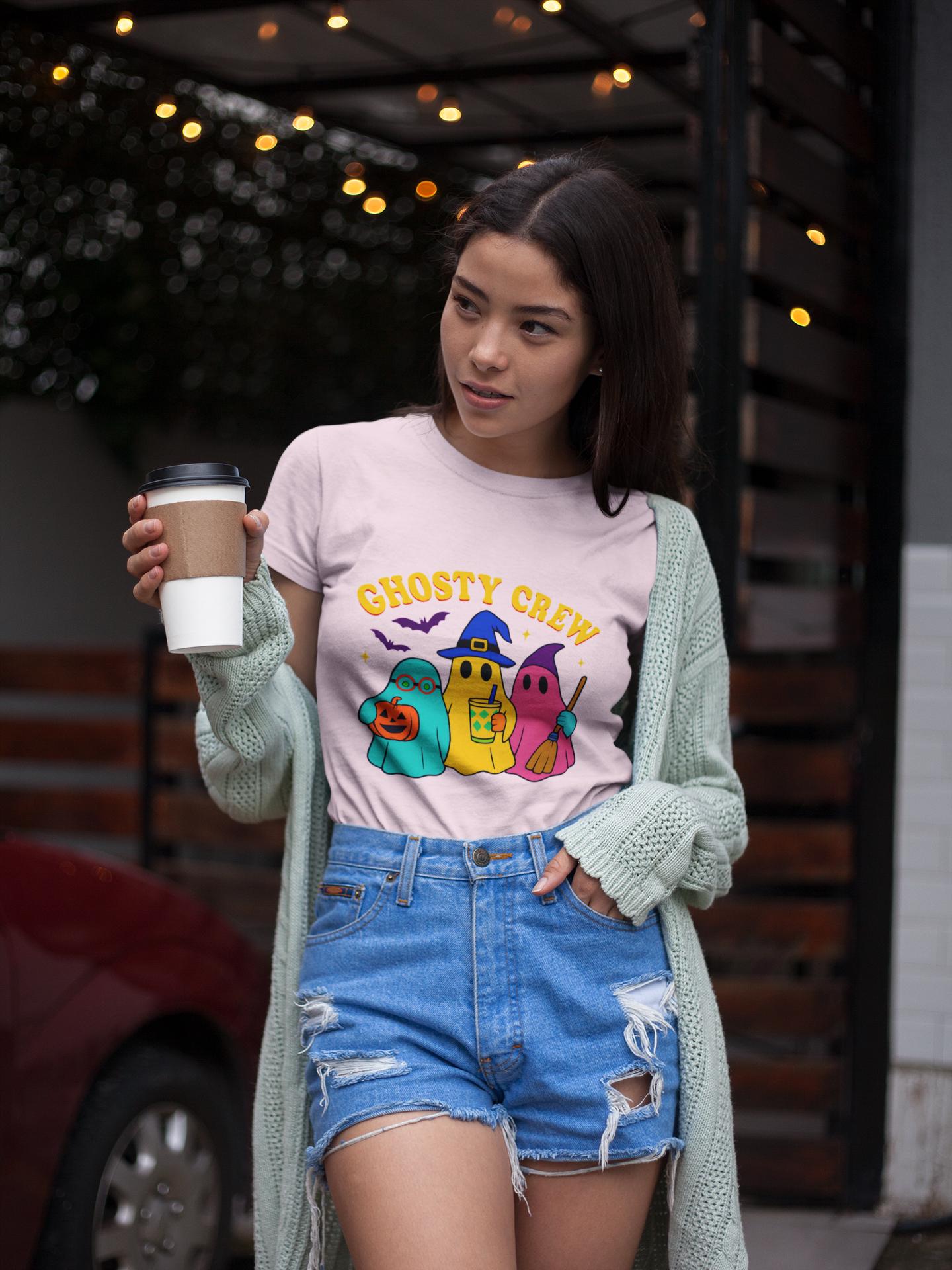 Ghostly Crew Tee, This tee is ideal for individuals who love to share in the holiday spirit, making it a wonderful gift for friends, family, or even yourself.