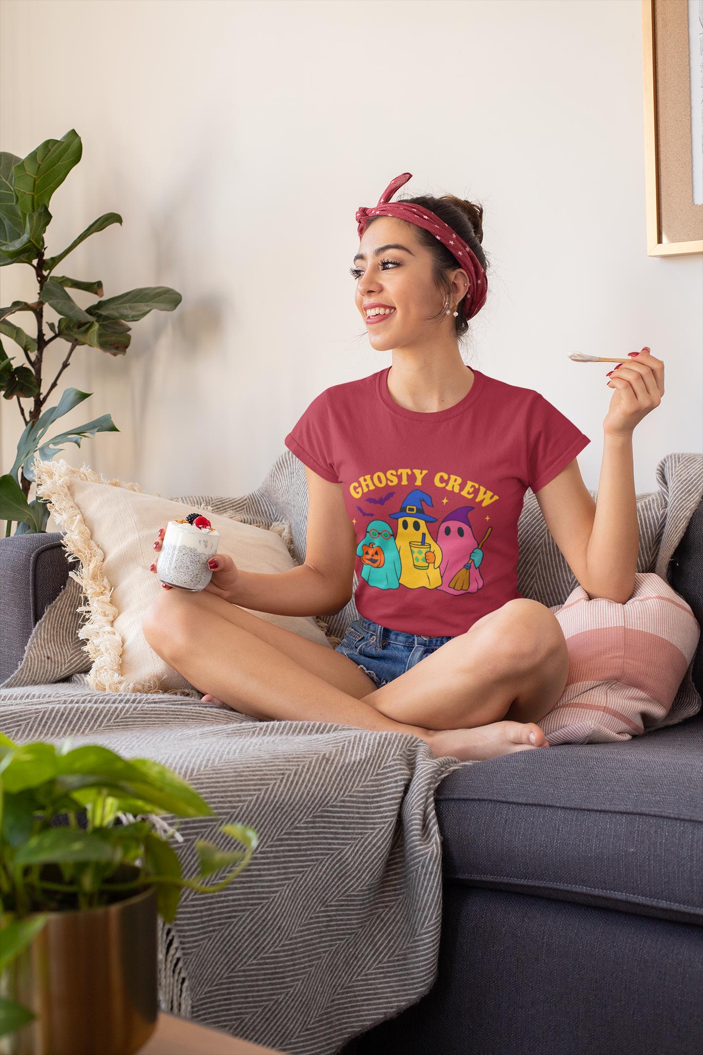 Ghostly Crew Tee, This tee is ideal for individuals who love to share in the holiday spirit, making it a wonderful gift for friends, family, or even yourself.