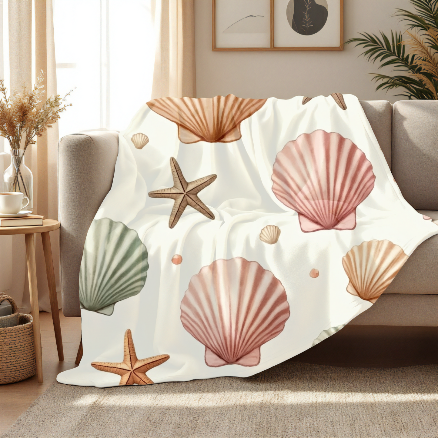 Cozy Beach-Themed Fleece Blanket, Featuring a delightful seashell design, it brings a touch of oceanic beauty to any space.