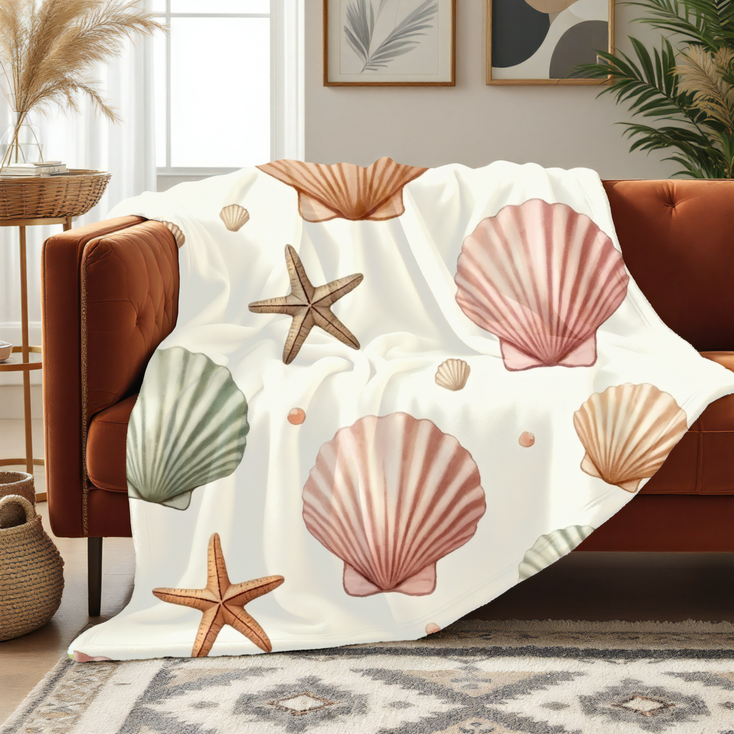 Cozy Beach-Themed Fleece Blanket, Featuring a delightful seashell design, it brings a touch of oceanic beauty to any space.