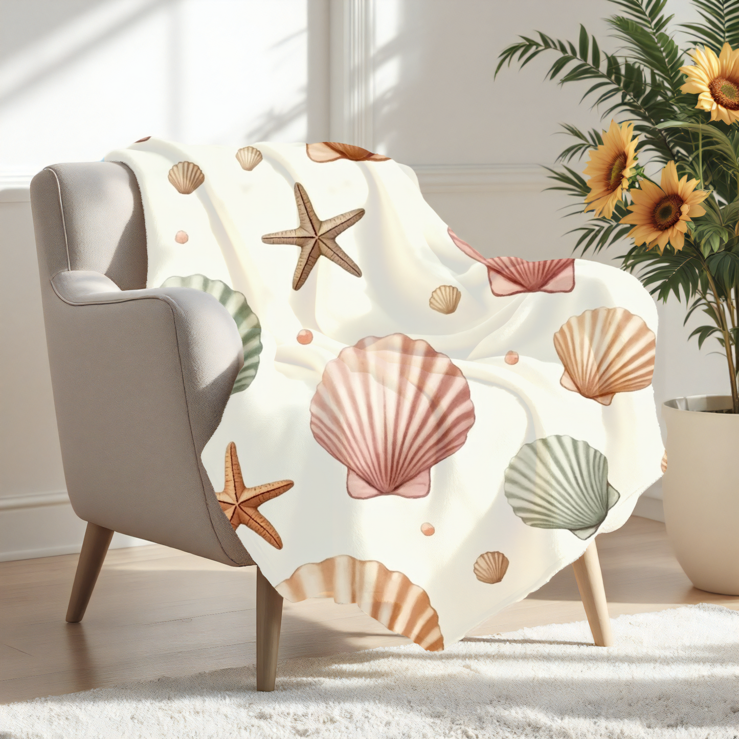Cozy Beach-Themed Fleece Blanket, Featuring a delightful seashell design, it brings a touch of oceanic beauty to any space.