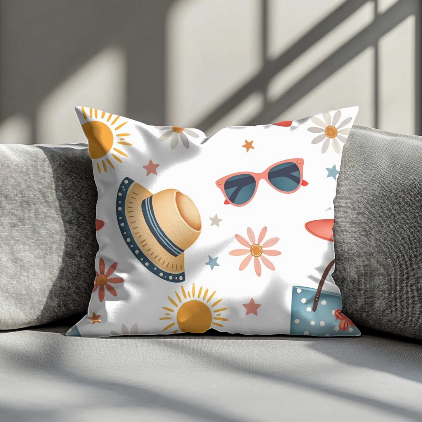 Sunny Day Square Pillow, bring a playful touch to any space. Its bright colours and fun patterns create a cheerful atmosphere.