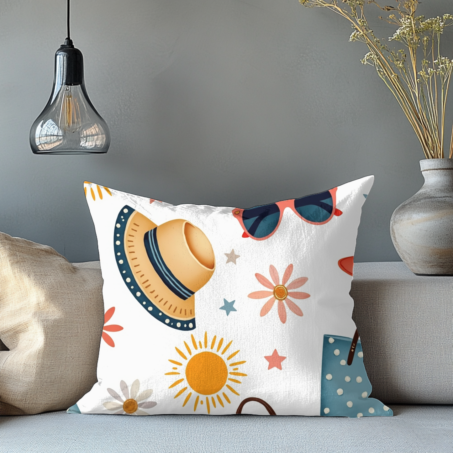 Sunny Day Square Pillow, bring a playful touch to any space. Its bright colours and fun patterns create a cheerful atmosphere.