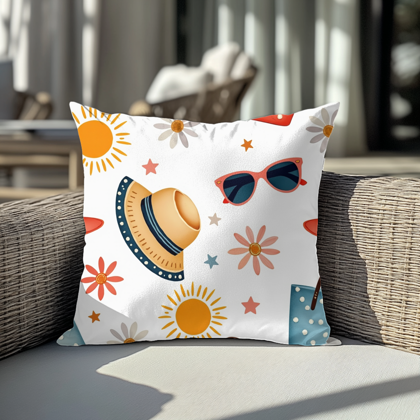 Sunny Day Square Pillow, bring a playful touch to any space. Its bright colours and fun patterns create a cheerful atmosphere.