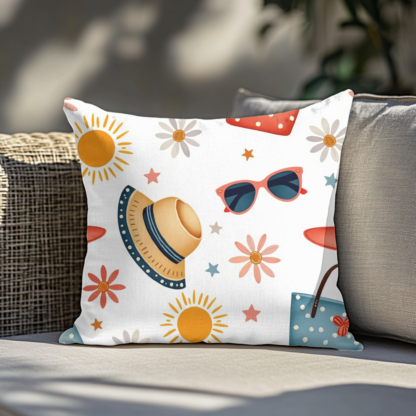 Sunny Day Square Pillow, bring a playful touch to any space. Its bright colours and fun patterns create a cheerful atmosphere.