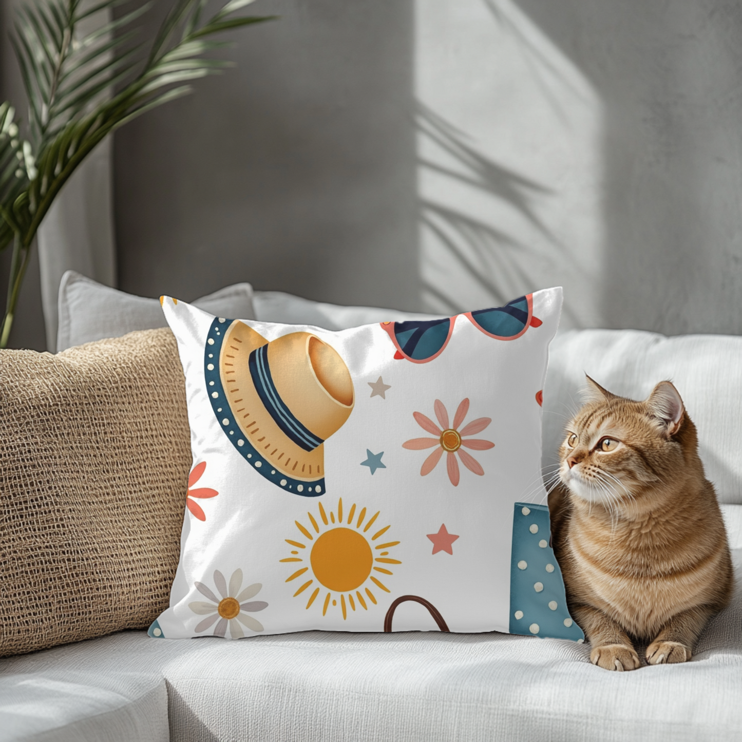 Sunny Day Square Pillow, bring a playful touch to any space. Its bright colours and fun patterns create a cheerful atmosphere.