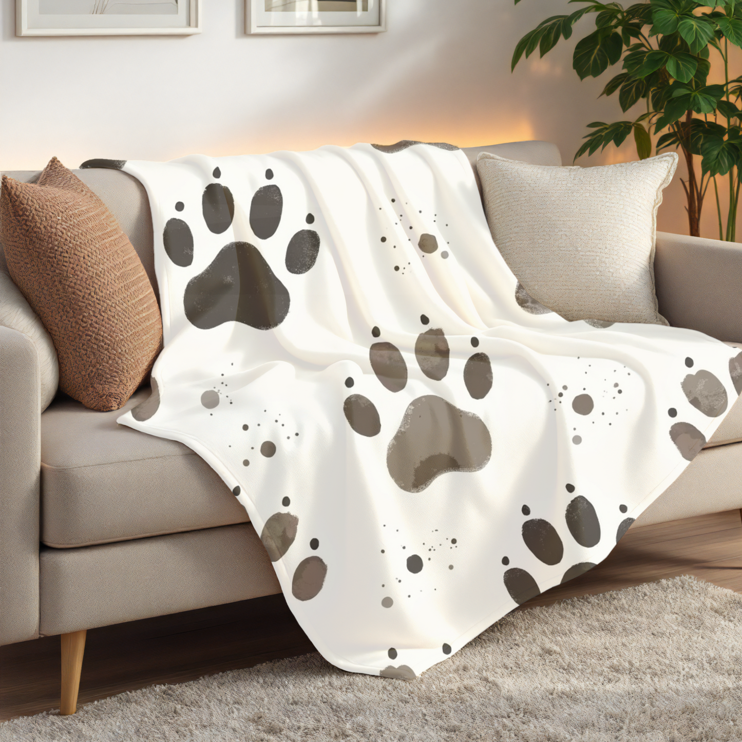 Plush Pet Paw Blanket, perfect for cozy nights in or lazy afternoons on the sofa. The vibrant print adds a playful touch to any room, making it an ideal addition to your home decor.