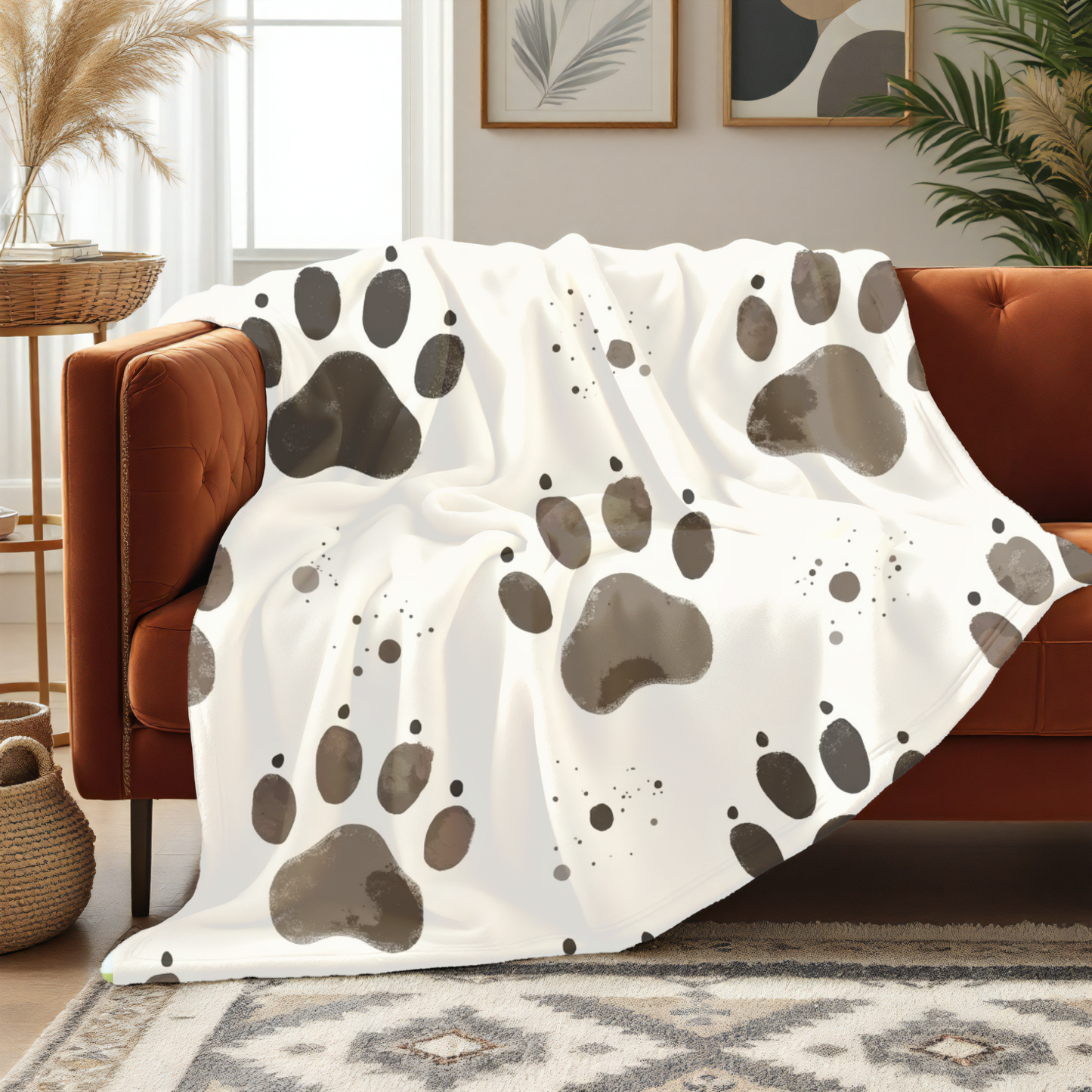 Plush Pet Paw Blanket, perfect for cozy nights in or lazy afternoons on the sofa. The vibrant print adds a playful touch to any room, making it an ideal addition to your home decor.