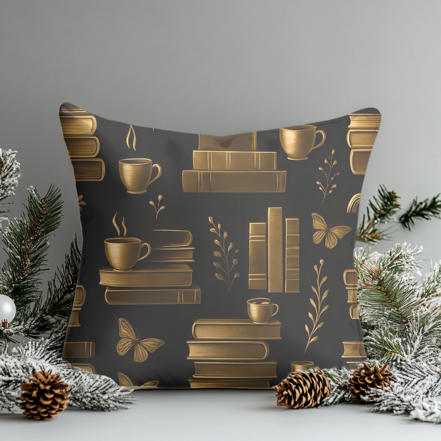 Books and Coffee Cushion, Perfect for cozy corners or grand libraries, this pillow is not just decor—it's a celebration of your passion for books and the comforting ritual of a quiet coffee moment.