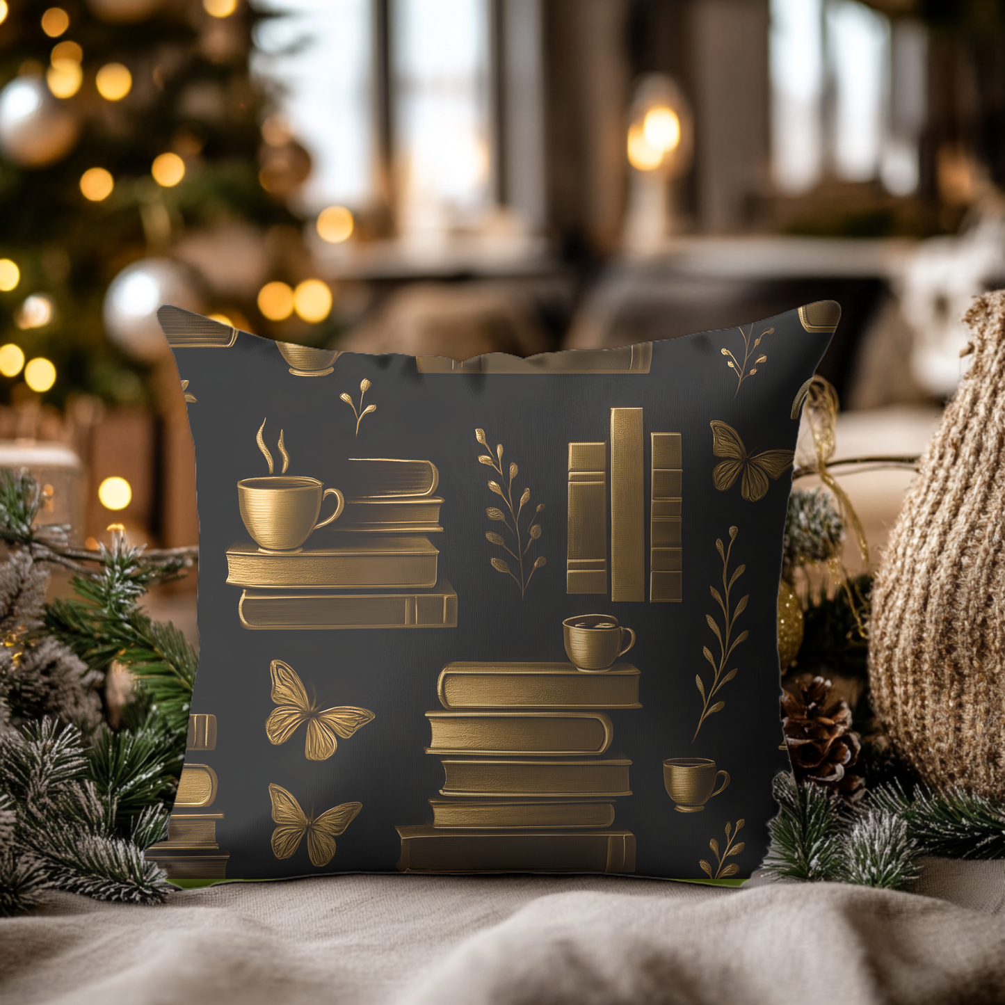 Books and Coffee Cushion, Perfect for cozy corners or grand libraries, this pillow is not just decor—it's a celebration of your passion for books and the comforting ritual of a quiet coffee moment.